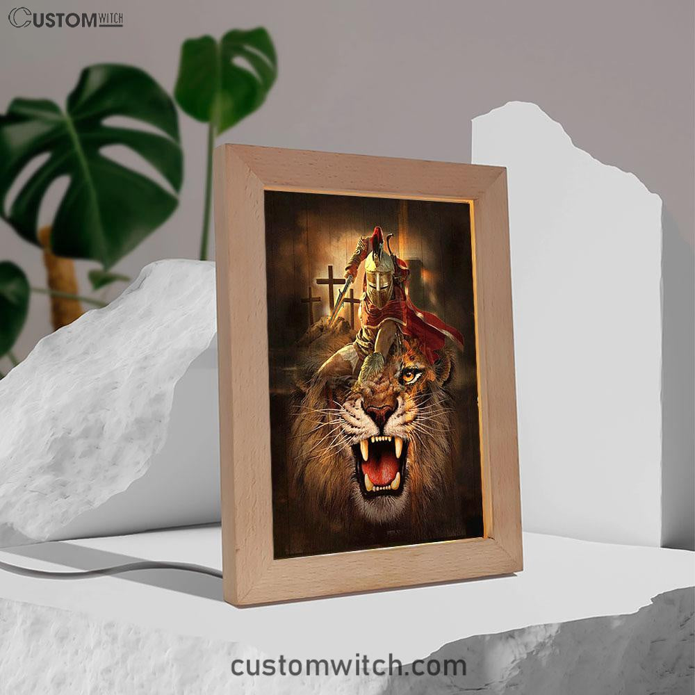 Warrior Of God Three Wooden Crosses Great Lion Of Judah Frame Lamp Print - Inspirational Frame Lamp Art - Christian Art Home Decor