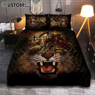 Warrior Of God Three Wooden Crosses Great Lion Of Judah Quilt Bedding Set Print - Inspirational Quilt Bedding Set Art - Christian Bedroom Home Decor