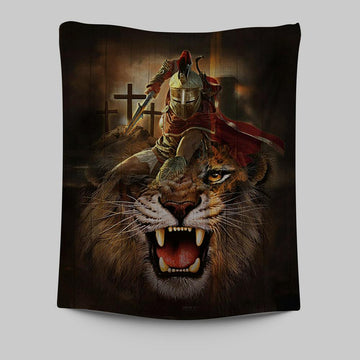 Warrior Of God Three Wooden Crosses Great Lion Of Judah Tapestry Print - Inspirational Tapestry Art - Christian Wall Art Home Decor