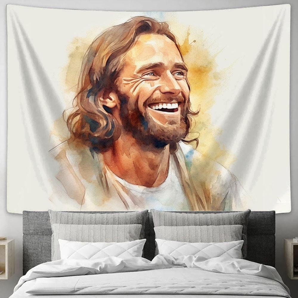 Watercolor Jesus Christ Laughing Tapestry Prints - Jesus Christ Picture - Jesus Tapestry Art