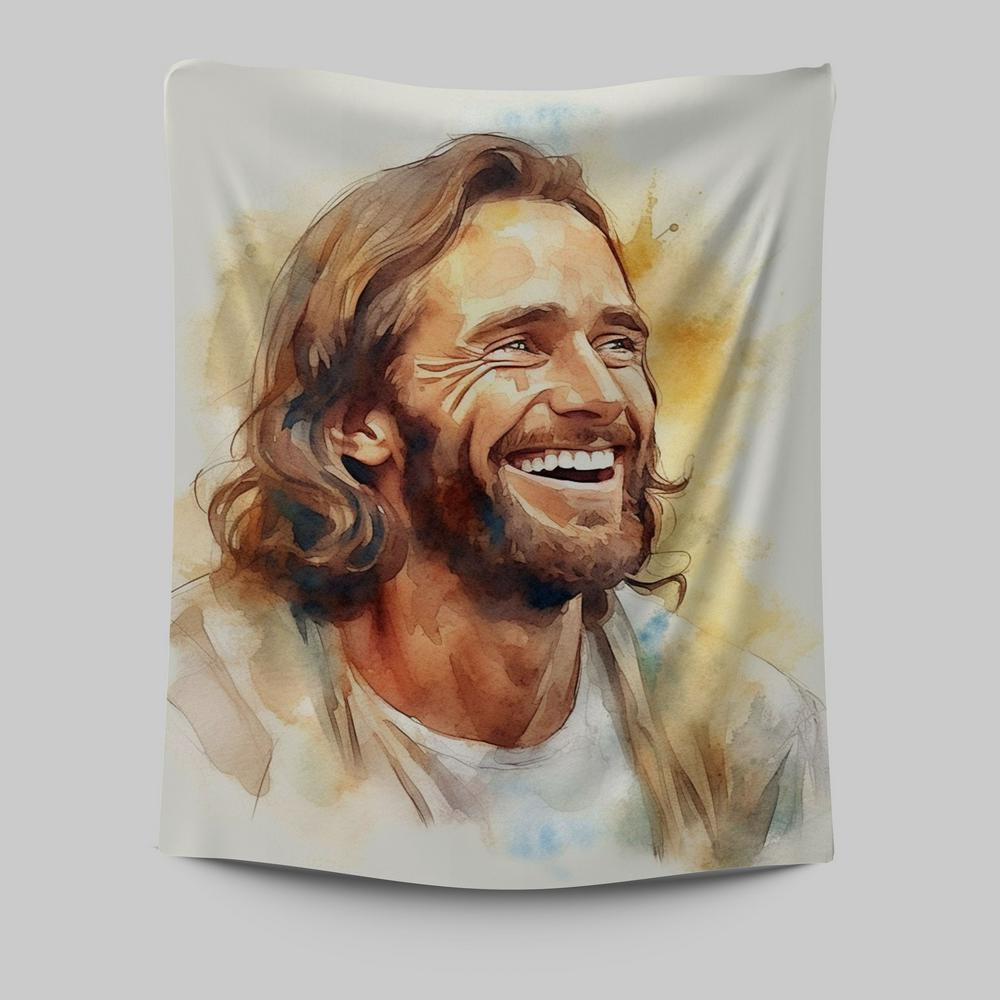 Watercolor Jesus Laughing Tapestry Prints - Jesus Tapestry Art - Christian Wall Art Decor