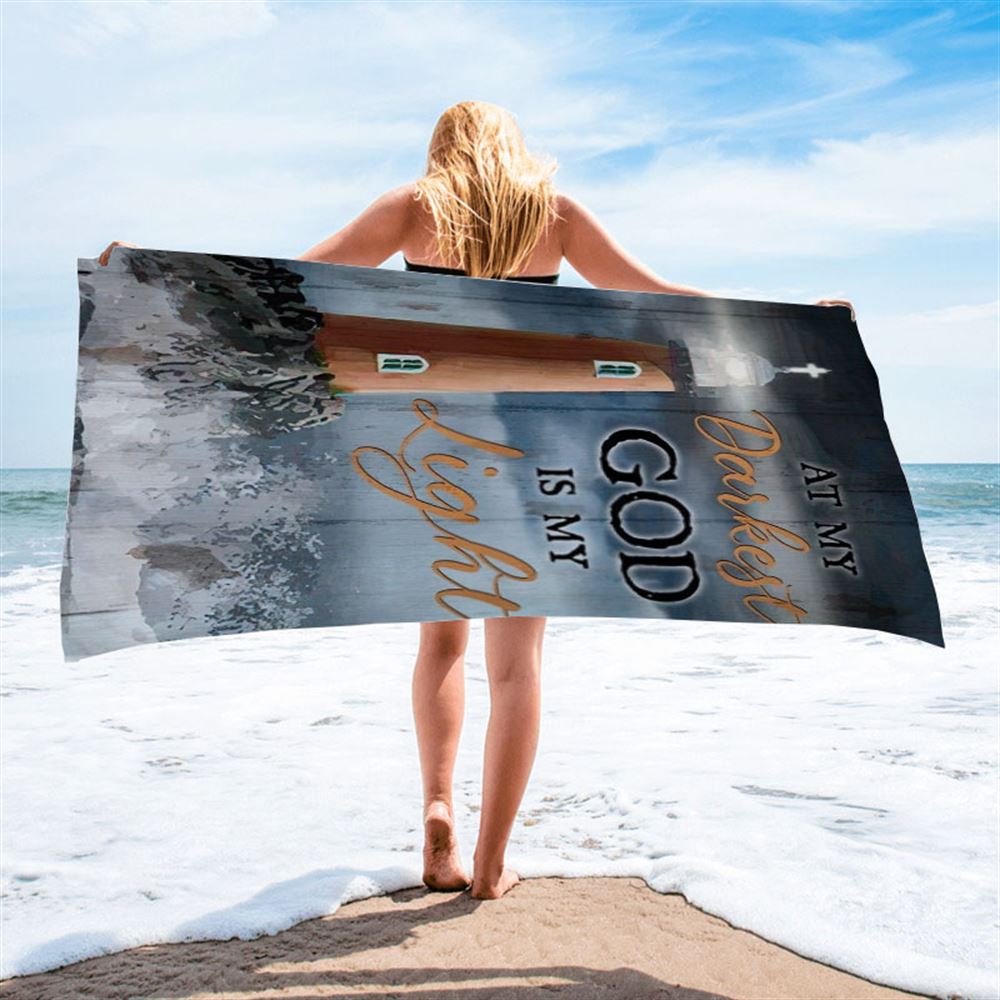 Watercolor Lighthouse, Stunning Ocean, At My Darkest God Is My Light Beach Towel, Christian Beach Towel, Christian Gift, Gift For Women
