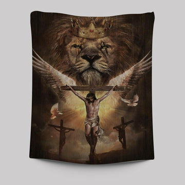 Watercolor Lion Jesus On Cross Tapestry