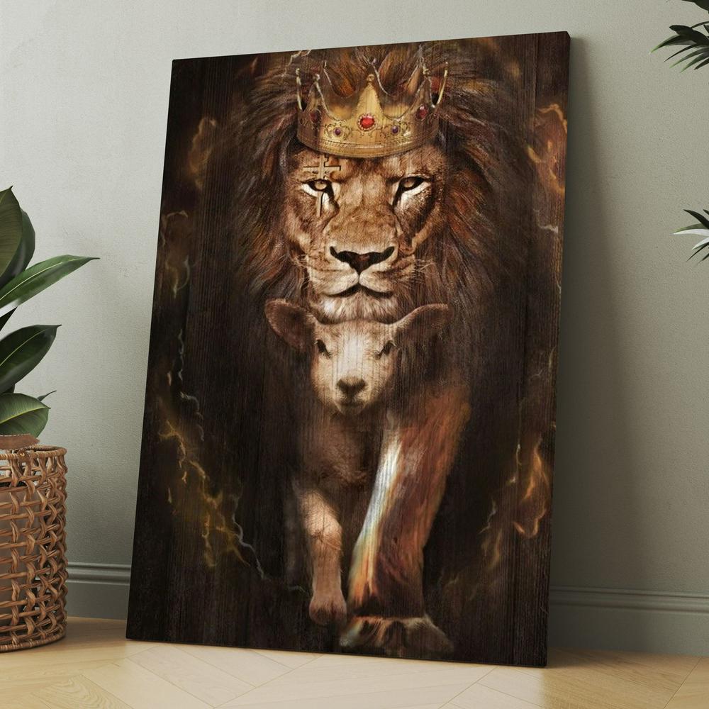 Watercolor Lion Lamb Of God Golden Crown Canvas, Christmas Gift for Christian