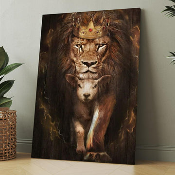 Watercolor Lion Lamb Of God Golden Crown Canvas, Christmas Gift for Christian