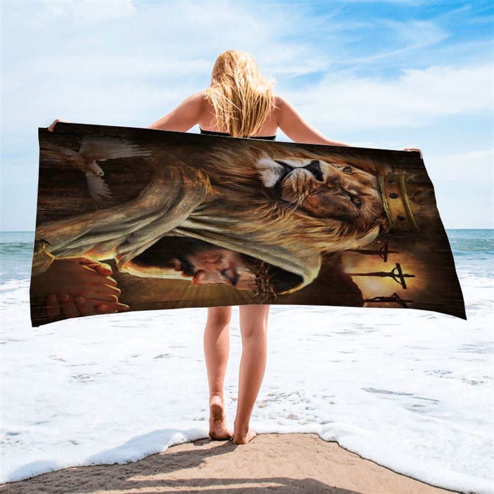 Watercolor Lion Pray With Jesus Jesus On The Cross Beach Towel, Christian Beach Towel, Christian Gift, Gift For Women
