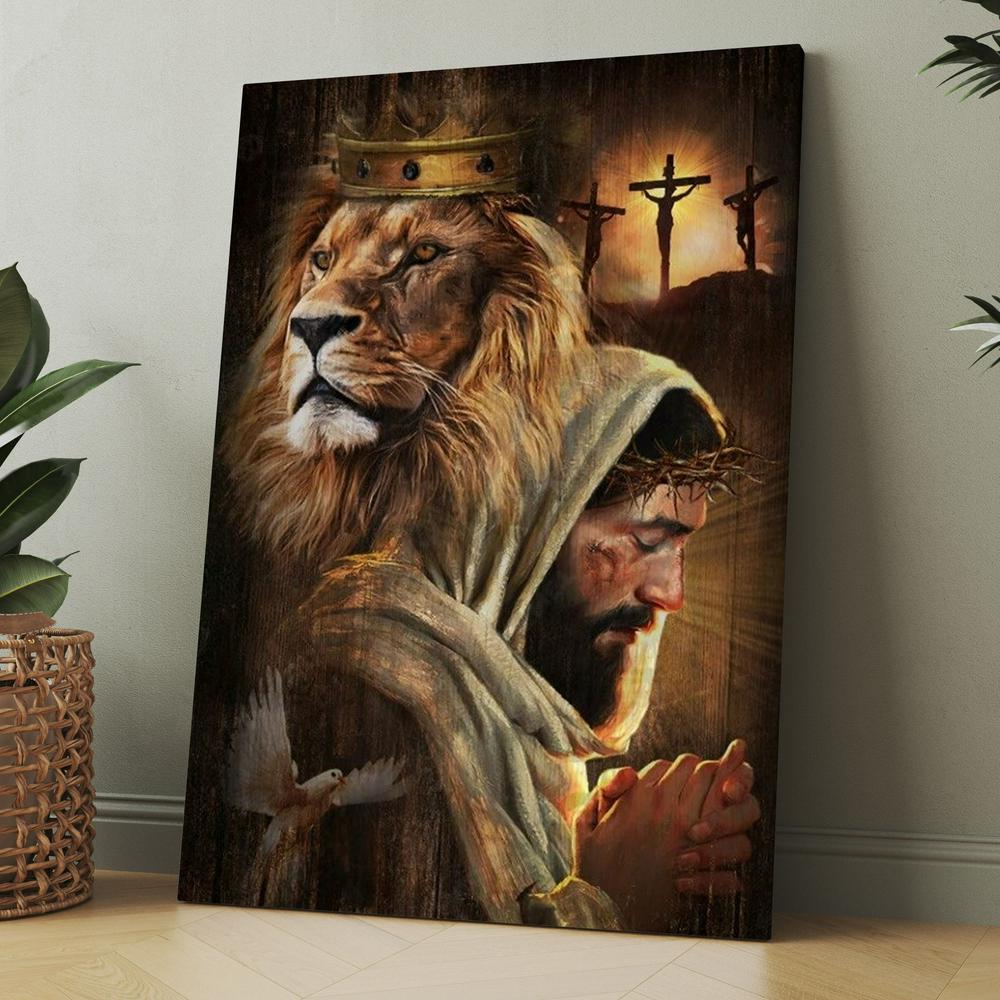 Watercolor Lion Pray With Jesus Jesus On The Cross Canvas, Christmas Gift for Christian