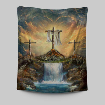 Waterfall Painting Light From Heaven The Three Crosses Tapestry Art - Christian Art - Bible Verse Wall Art - Religious Home Decor
