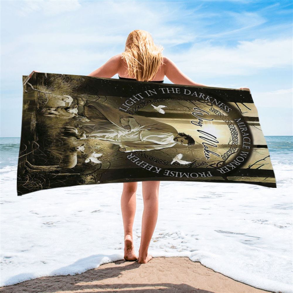 Way Maker Jesus &amp; Lambs Beach Towel - Jesus Beach Towel Pictures - Christian Beach Towel