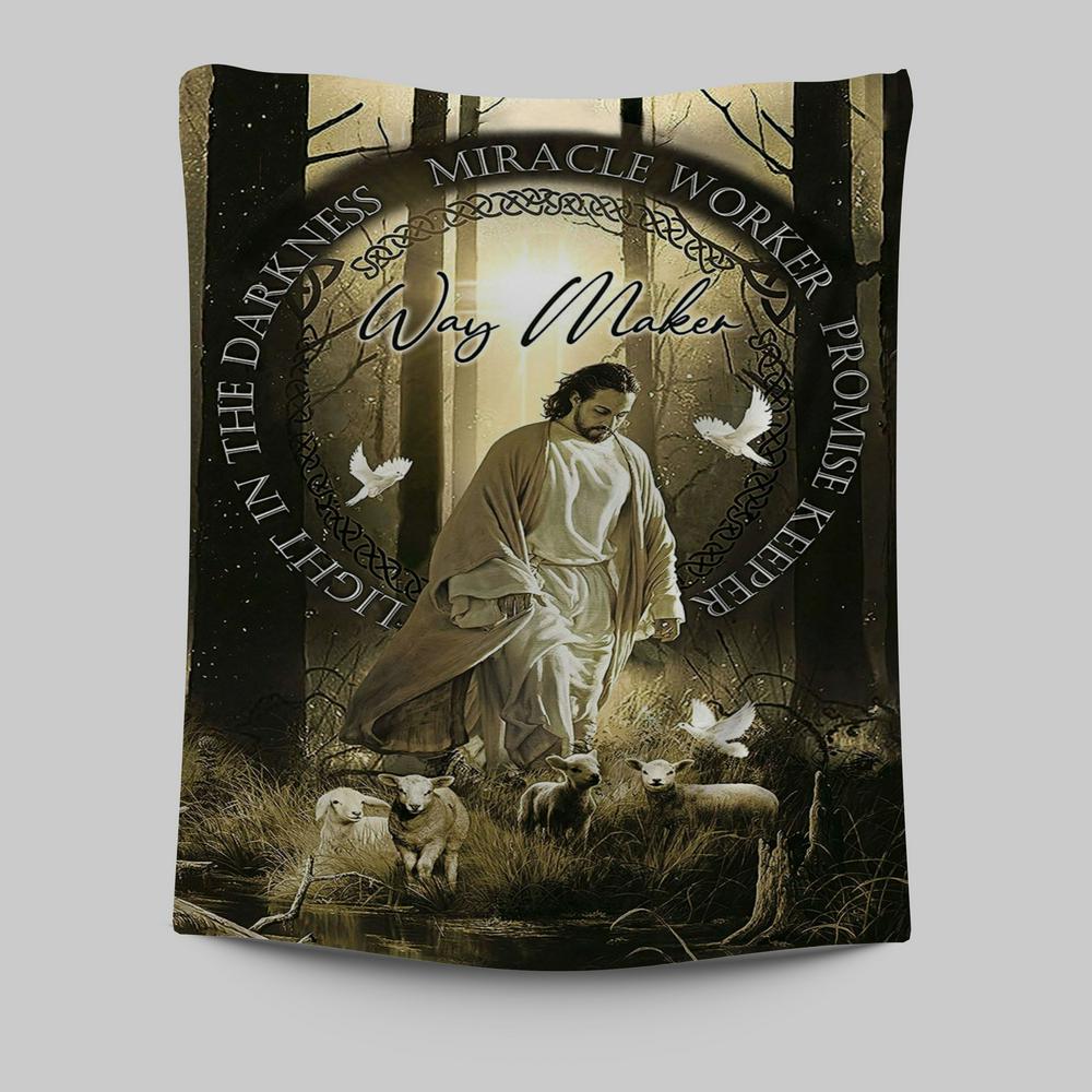 Way Maker Jesus &amp; Lambs Tapestry Wall Art - Jesus Tapestry Pictures - Christian Tapestries Wall Art