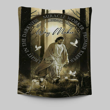 Way Maker Jesus &amp; Lambs Tapestry Wall Art - Jesus Tapestry Pictures - Christian Tapestries Wall Art