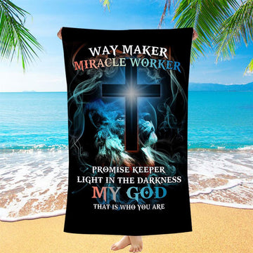 Way Maker Miracle Worker Lion &amp; Cross Beach Towel - Christian Beach Towel - Religious Beach Towel