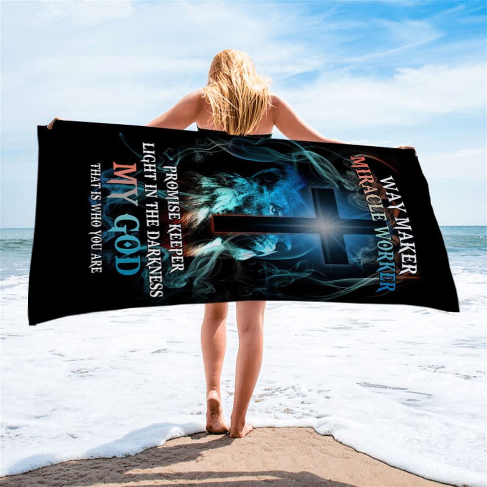 Way Maker Miracle Worker Lion &amp; Cross Beach Towel - Christian Beach Towel - Religious Beach Towel