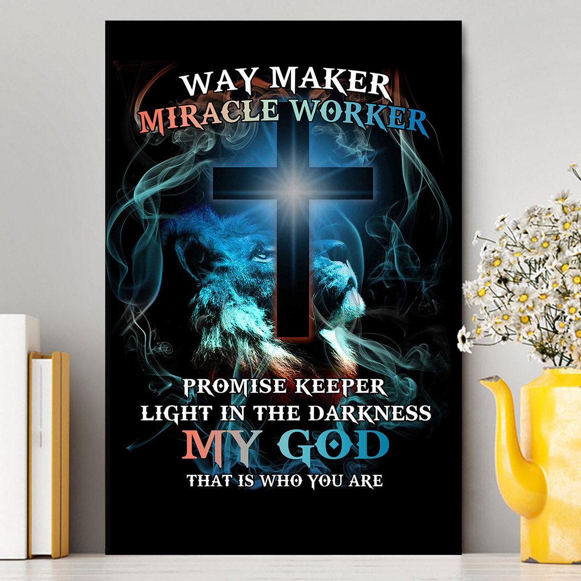 Way Maker Miracle Worker Lion &amp; Cross Canvas Wall Art - Christian Wall Canvas - Religious Canvas Prints