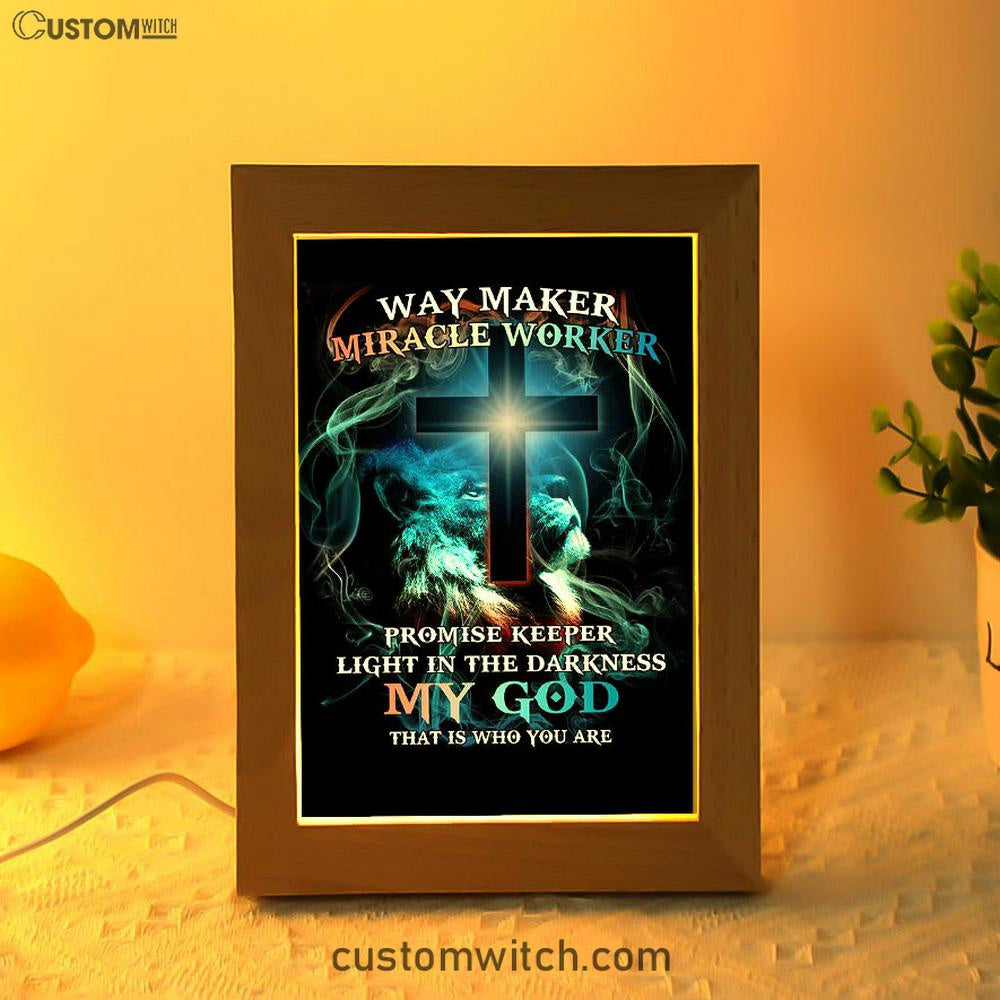 Way Maker Miracle Worker Lion &amp; Cross Frame Lamp Art - Christian Frame Lamp - Religious Gifts Night Light