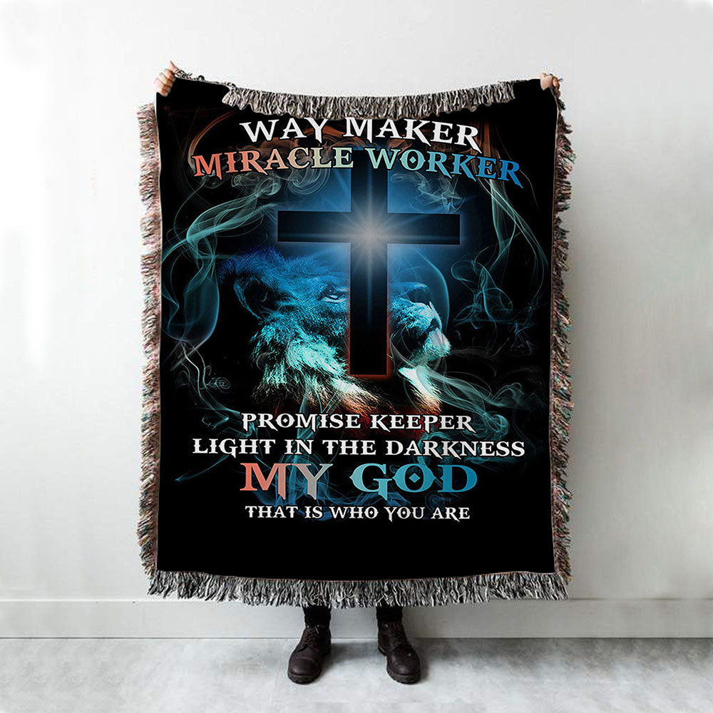 Way Maker Miracle Worker Lion &amp; Cross Woven Throw Blanket - Christian Wall Woven Blanket - Religious Woven Blanket Prints