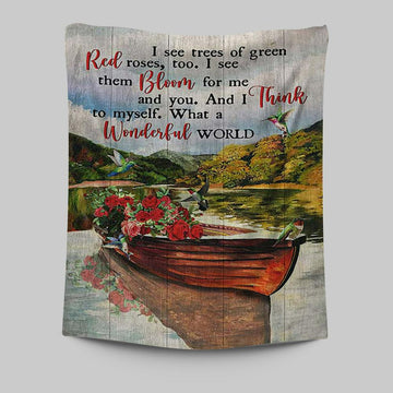 What A Wonderful World Boat Red Rose Lake Tapestry Wall Art - Christian Tapestries Prints - Bible Verse Tapestry Art
