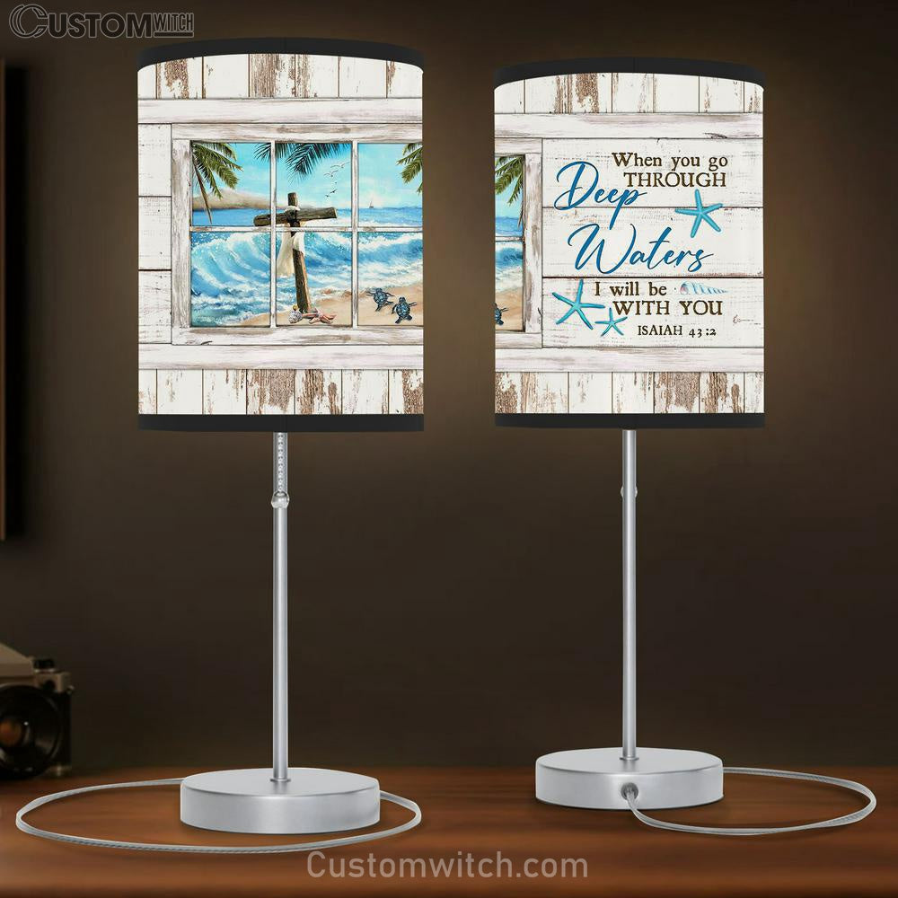 When You Go Through Deep Water I Will Be With You Cross Ocean Sea Turtle Table Lamp Painting - Christian Lamp Gift - Gifts For Turtle Lovers