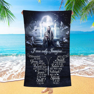 White Butterflies Light Cross- I Can Only Imagine Beach Towel - Christian Art - Bible Verse Beach Towel - Religious Beach Towel