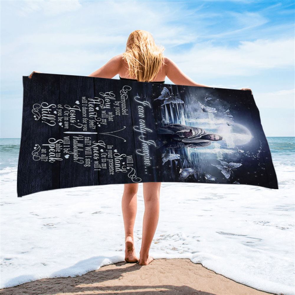 White Butterflies Light Cross- I Can Only Imagine Beach Towel - Christian Art - Bible Verse Beach Towel - Religious Beach Towel