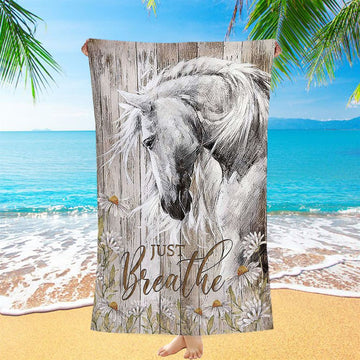 White Horse Daisy Flower Just Breathe Beach Towel - Christian Art - Bible Verse Beach Towel - Religious Beach Towel