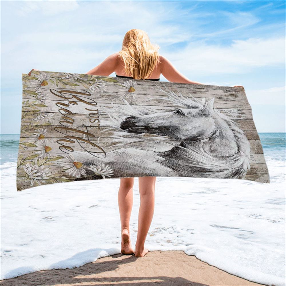 White Horse Daisy Flower Just Breathe Beach Towel - Christian Art - Bible Verse Beach Towel - Religious Beach Towel