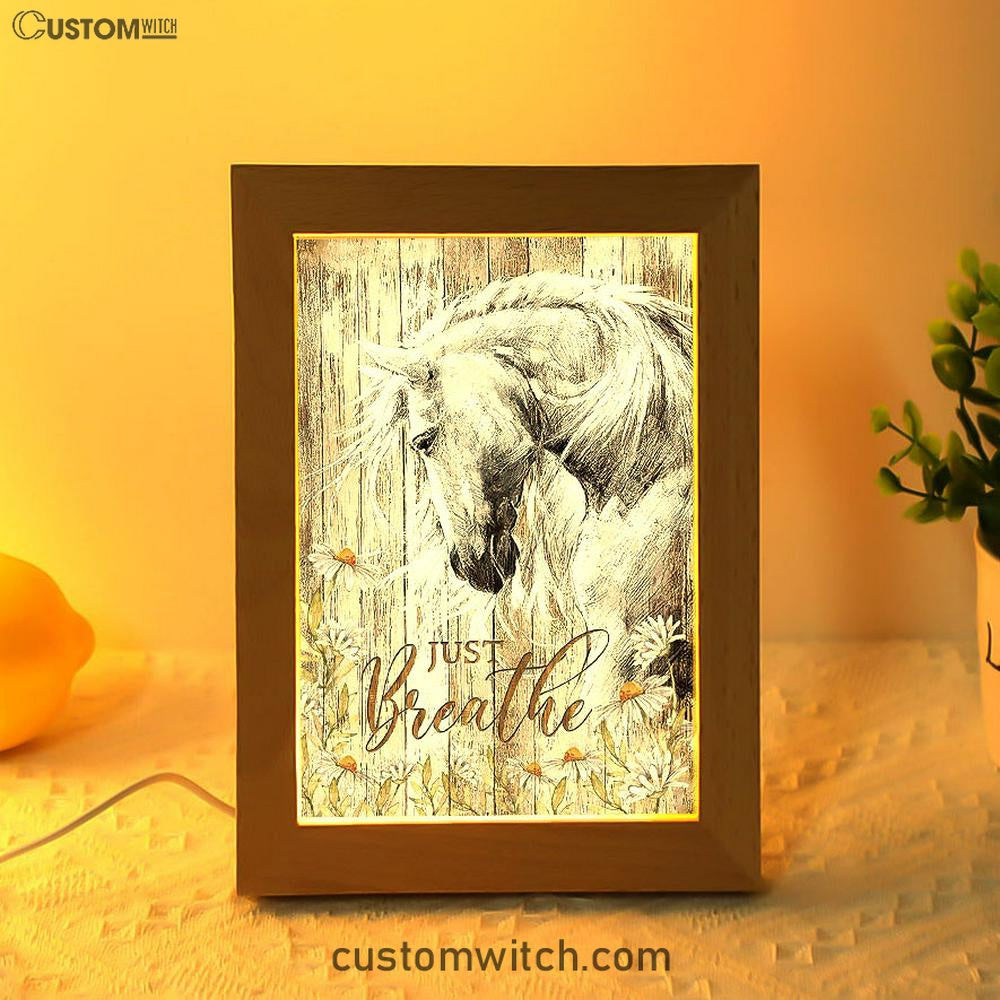 White Horse Daisy Flower Just Breathe Frame Lamp Art - Christian Art - Bible Verse Art - Religious Home Decor
