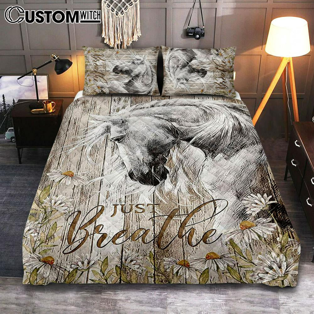White Horse Daisy Flower Just Breathe Quilt Bedding Set Art - Christian Art - Bible Verse Bedroom - Religious Home Decor