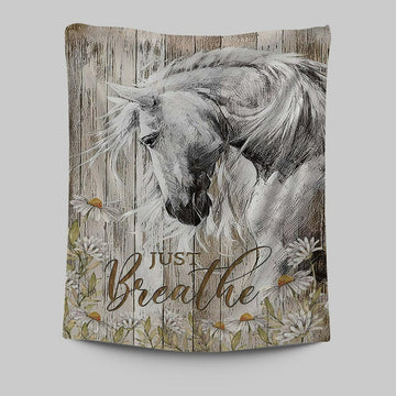 White Horse Daisy Flower Just Breathe Tapestry Art - Christian Art - Bible Verse Wall Art - Religious Home Decor
