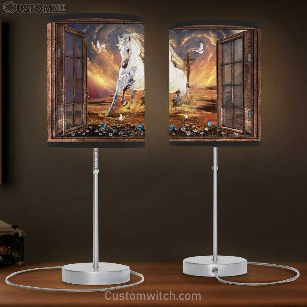 White Horse Running Jesus On The Cross Table Lamp Prints - Christian Lamp Gift - Religious Home Decor