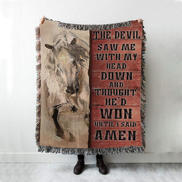 White Horse The Devil Thought He&#39;d Won Until I Said Amen Woven Blanket Art - Christian Art - Bible Verse Throw Blanket - Religious Home Decor