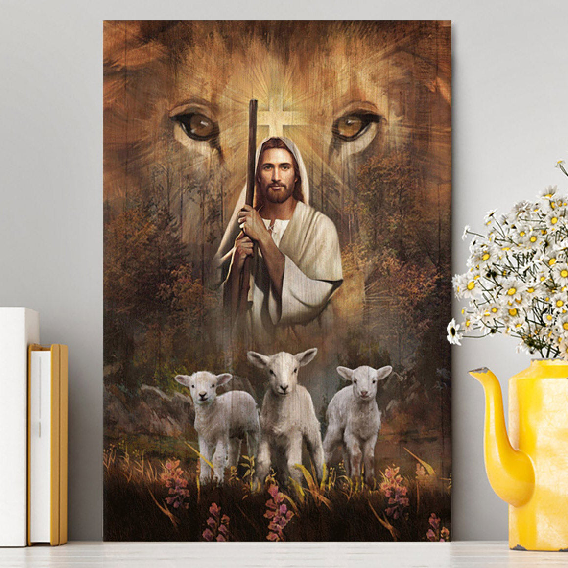 White Lamb Lion&#39;s Eyes Walking With Jesus Canvas Wall Art - Christian Canvas Prints - Bible Verse Canvas Art
