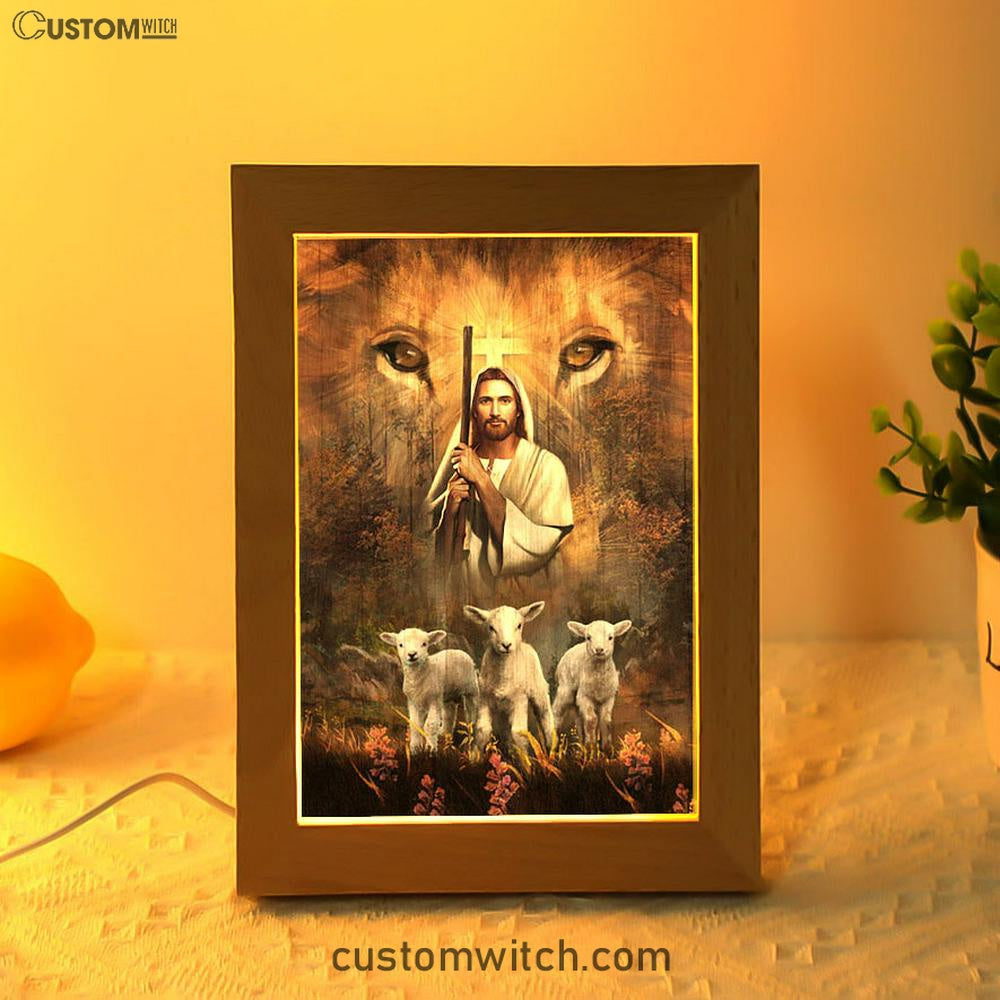 White Lamb Lion&#39;s Eyes Walking With Jesus Frame Lamp Art - Christian Night Light - Bible Verse Wooden Lamp