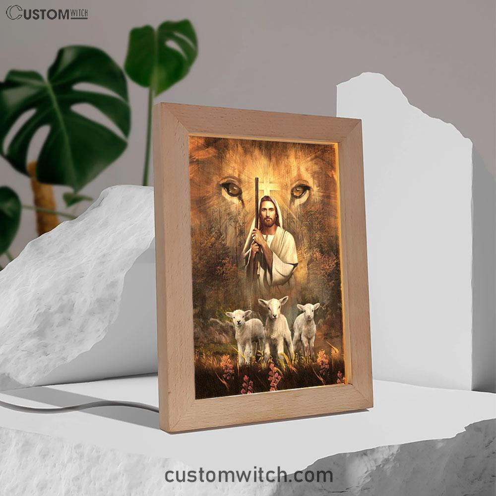 White Lamb Lion&#39;s Eyes Walking With Jesus Frame Lamp Art - Christian Night Light - Bible Verse Wooden Lamp