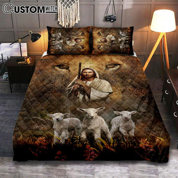 White Lamb Lion&#39;s Eyes Walking With Jesus Quilt Bedding Set Bedroom - Christian Quilt Bedding Set Prints - Bible Verse Quilt Bedding Set Art