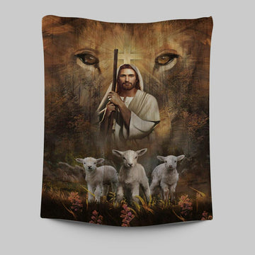 White Lamb Lion&#39;s Eyes Walking With Jesus Tapestry Wall Art - Christian Tapestries Prints - Bible Verse Tapestry Art