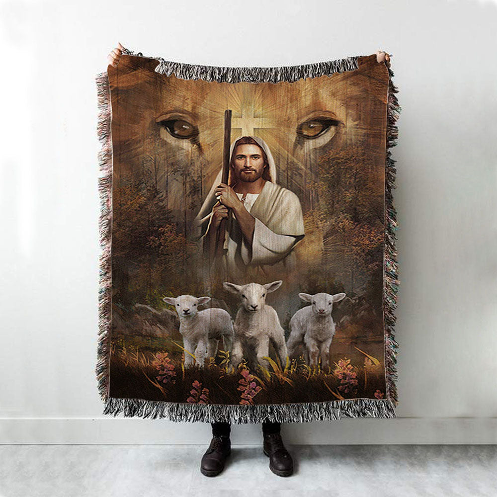 White Lamb Lion&#39;s Eyes Walking With Jesus Woven Throw Blanket - Christian Woven Blanket Prints - Bible Verse Woven Blanket Art