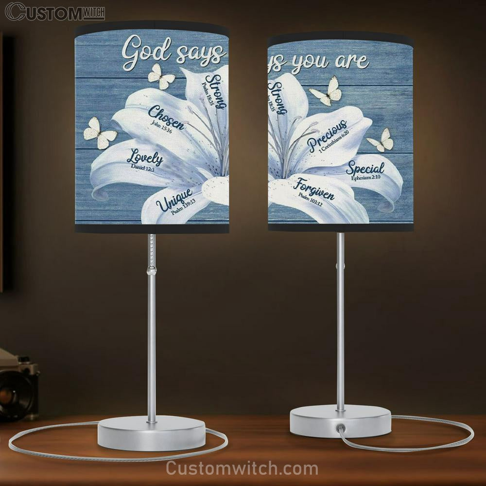 White Lily - God Says You Are Christian Table Lamp Gift Print - Christian Bedroom Decor