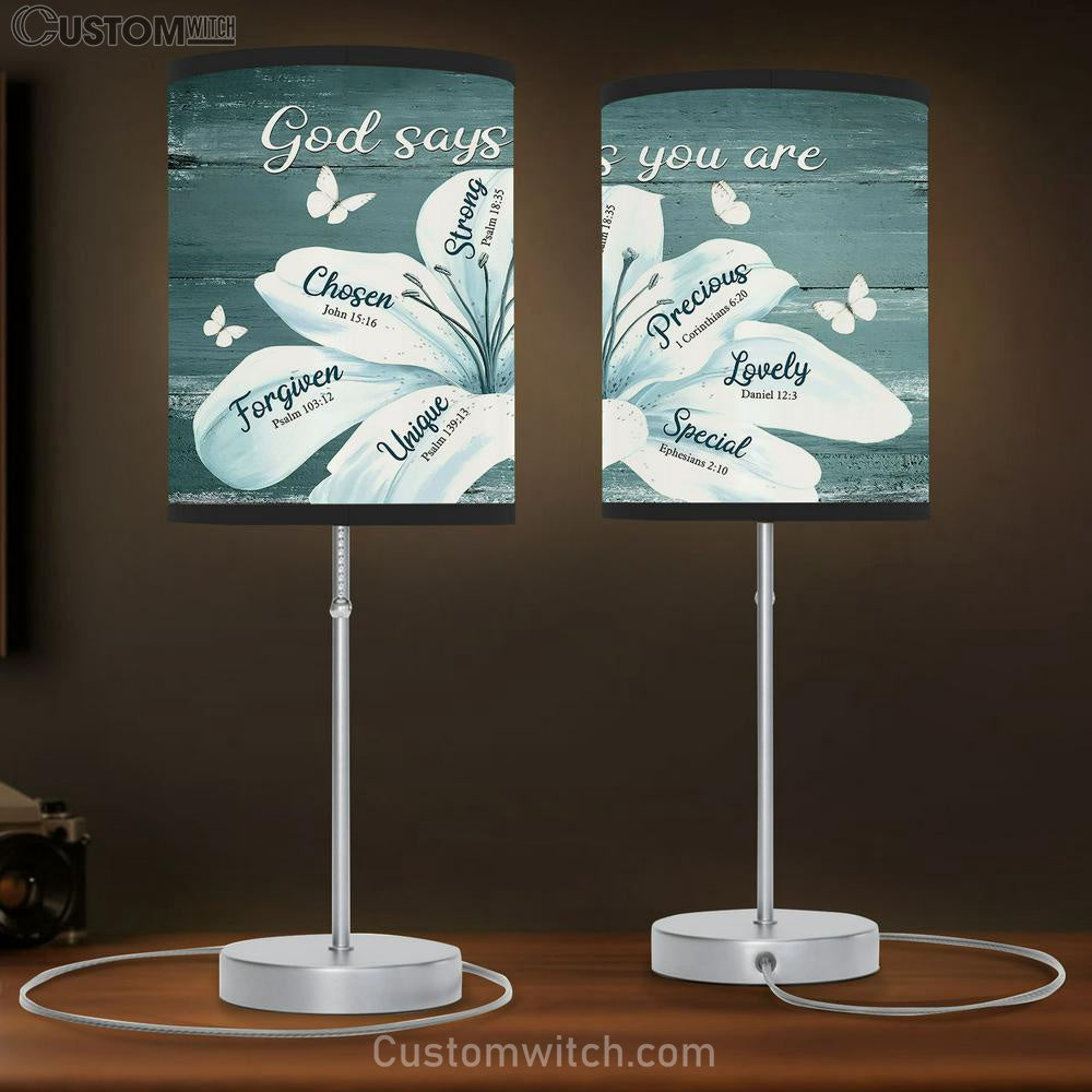White Lily Flowers God Says You Are Table Lamp Art - Bible Verse Lamp Gift - Christian Bedroom Decor