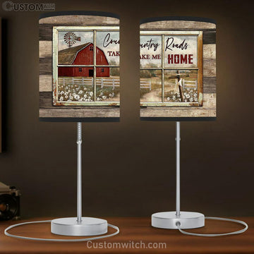 White Poppy Red House Country Roads Take Me Home Table Lamp Art - Bible Verse Lamp Gift - Christian Bedroom Decor