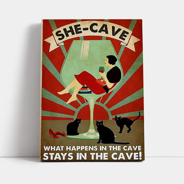 Wine Cat What Happens In The Cave Stays In The Cave Canvas, Mother&#39;s Day Canvas Art, Gift For Mom, Birthday Gift, Mother&#39;s Day Wall Art