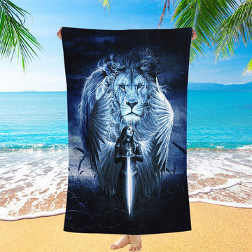 Woman Warrior Lion Of Judah Blue Night Beach Towel - Inspirational Beach Towel - Christian Beach Towel