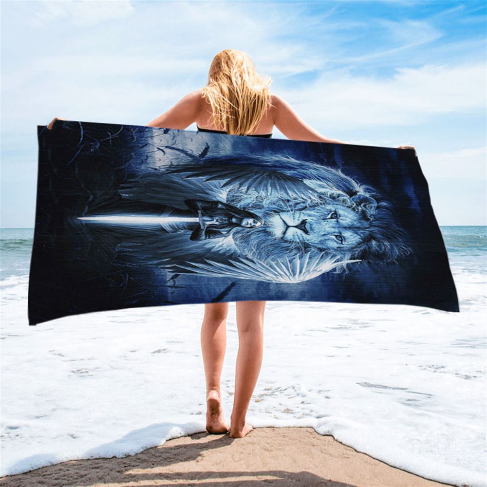 Woman Warrior Lion Of Judah Blue Night Beach Towel - Inspirational Beach Towel - Christian Beach Towel
