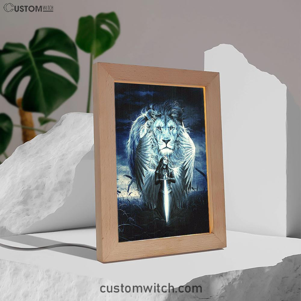 Woman Warrior Lion Of Judah Blue Night Frame Lamp Print - Inspirational Frame Lamp Art - Christian Art Home Decor
