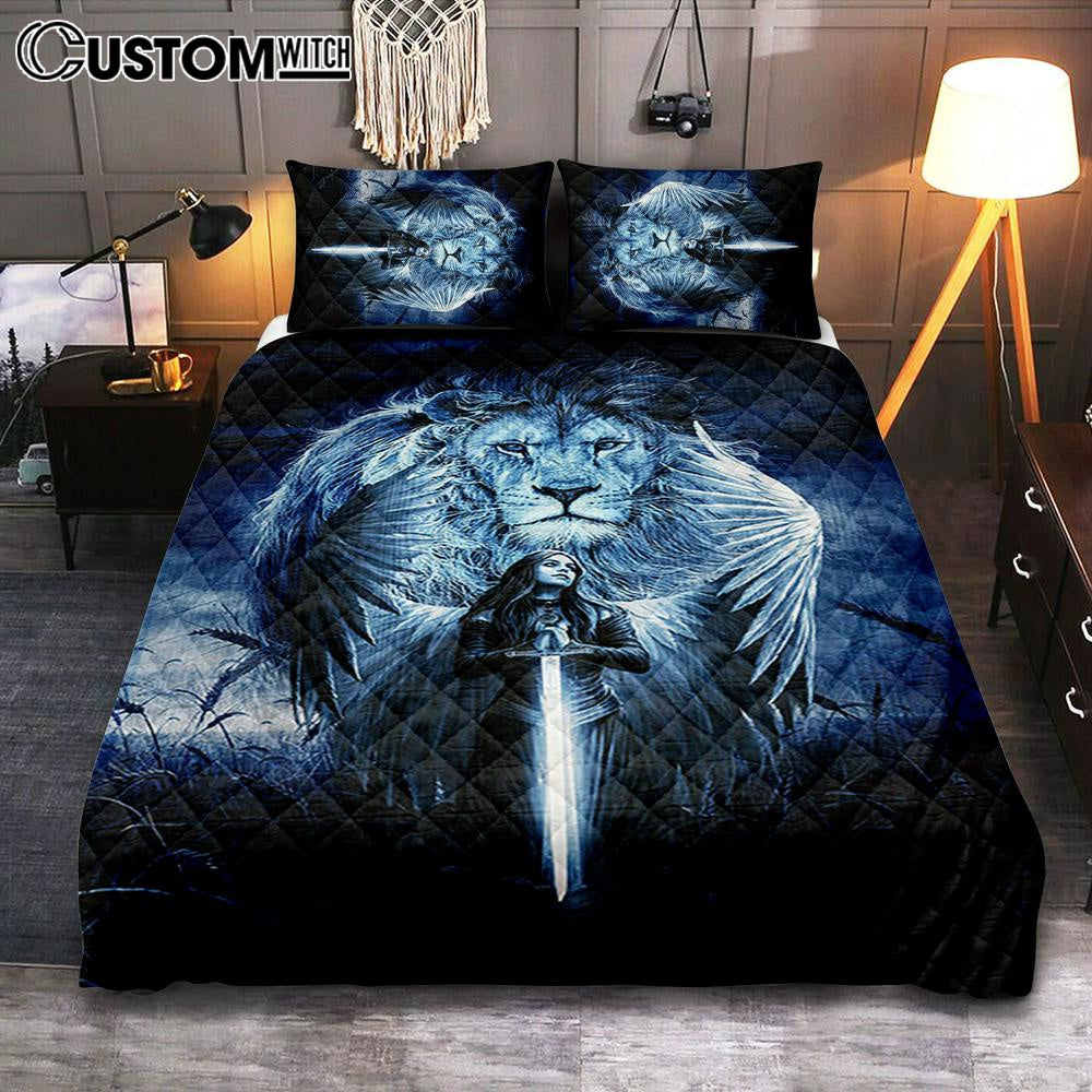 Woman Warrior Lion Of Judah Blue Night Quilt Bedding Set Print - Inspirational Quilt Bedding Set Art - Christian Bedroom Home Decor