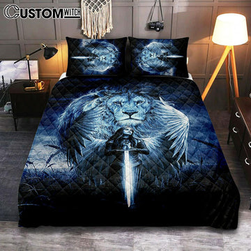 Woman Warrior Lion Of Judah Blue Night Quilt Bedding Set Print - Inspirational Quilt Bedding Set Art - Christian Bedroom Home Decor