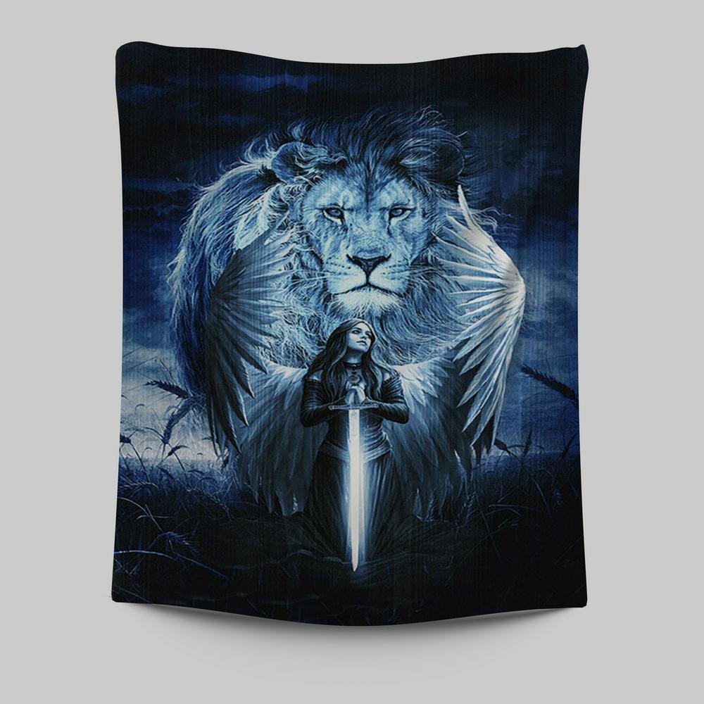 Woman Warrior Lion Of Judah Blue Night Tapestry Print - Inspirational Tapestry Art - Christian Wall Art Home Decor