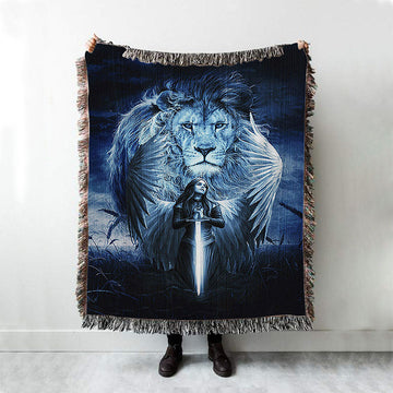 Woman Warrior Lion Of Judah Blue Night Woven Blanket Print - Inspirational Woven Blanket Art - Christian Throw Blanket Home Decor