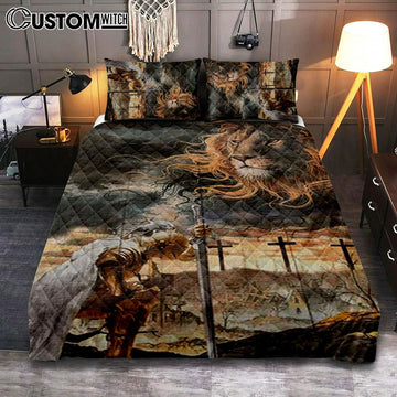 Women Warrior Kneel Before Lion Of Judah Quilt Bedding Set Bedroom - Christian Home Decor - Religious Art