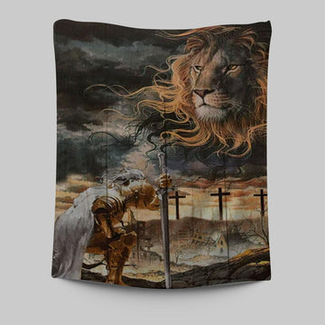 Women Warrior Kneel Before Lion Of Judah Tapestry Wall Art -  Christian Indoor Wall Tapestries - Religious Art